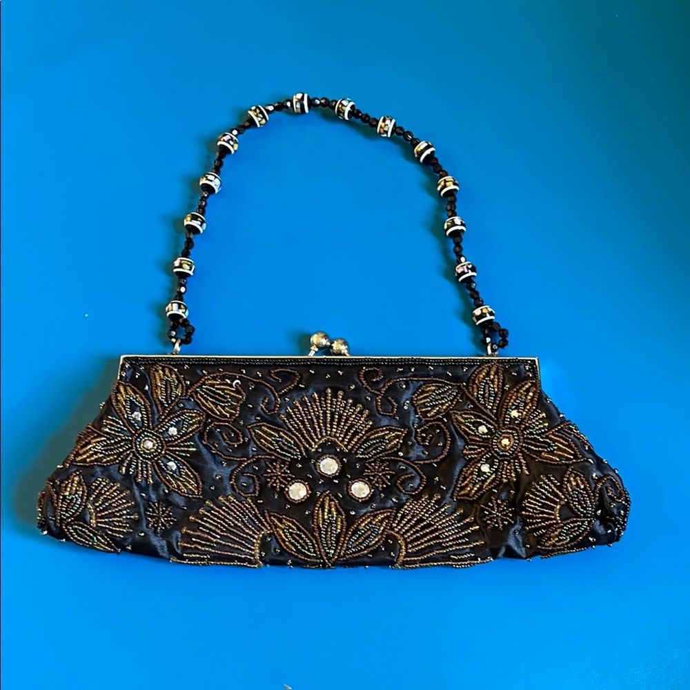 Elegant Black Beaded Clutch w/Silver Clasp